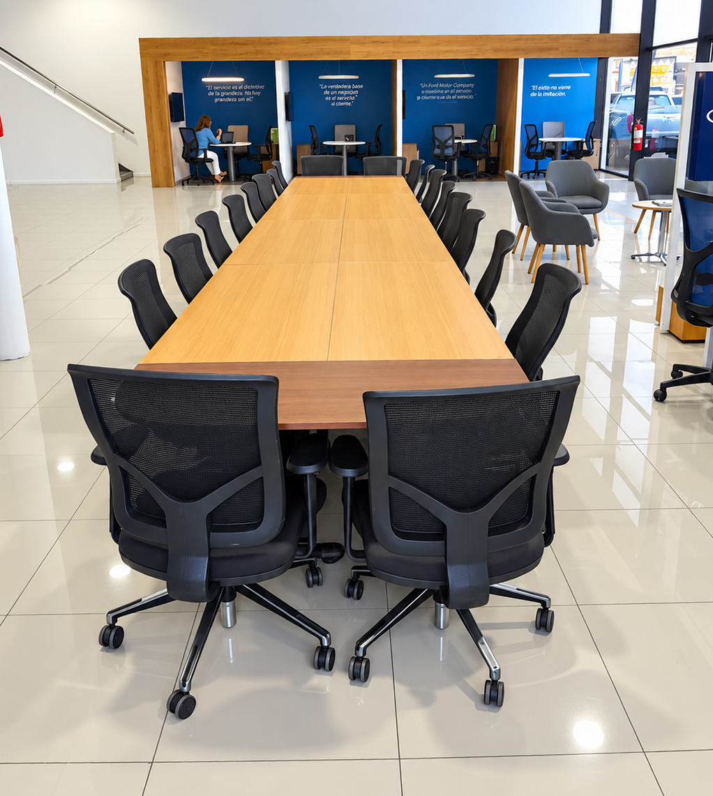 Montaje real de una sala de reuniones con una gran mesa de conferencias
